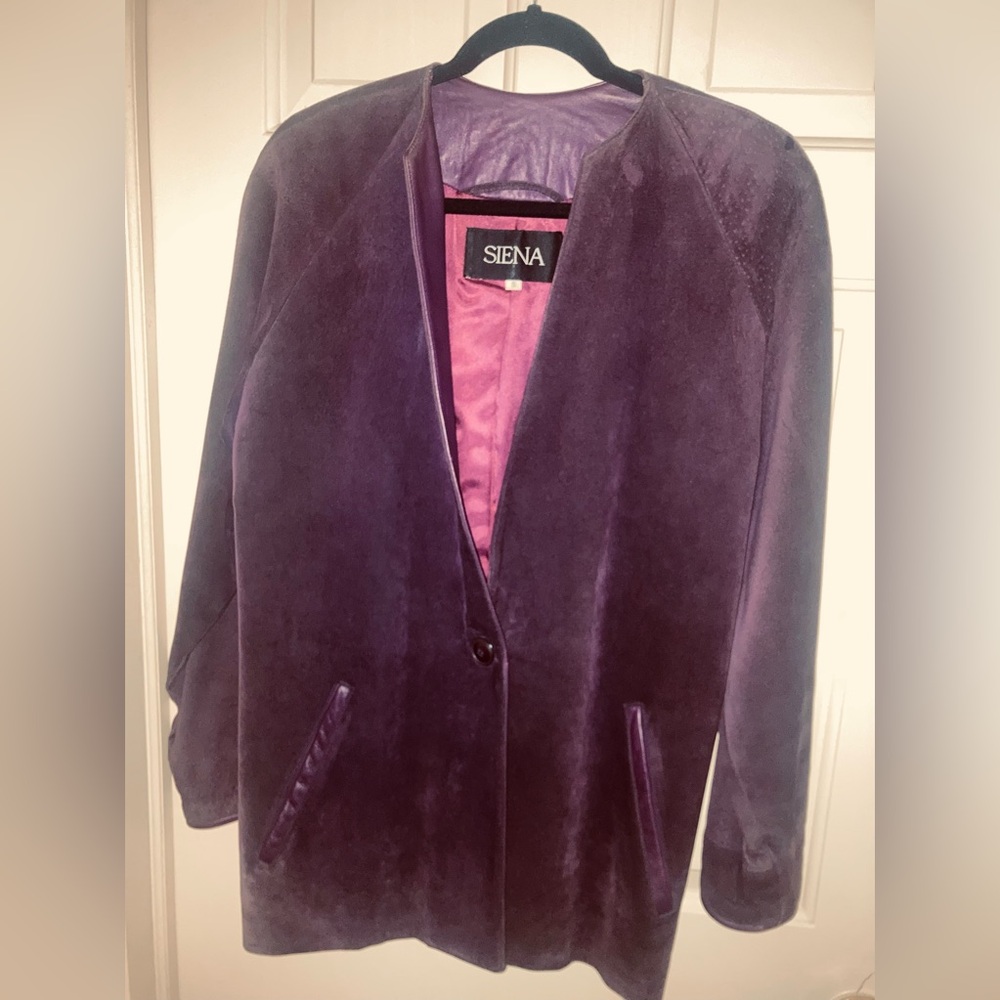 Siena sued long jacket made in USA, size S (6-8), plum color.